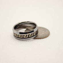 Load image into Gallery viewer, Tungsten Carbide Flat Yellow Greek Key Inlay Beveled Edge Wedding Band Ring 8mm