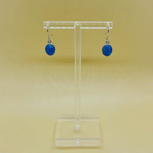 Load image into Gallery viewer, Sterling Silver Synthetic Opal Dangle Earrings Oval Cabochon Bezel Set