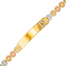 Load image into Gallery viewer, 14K Tri Color Gold Faceted D/C 15 Anos ID Bracelet 6mm Wide 8mm Center 7" Chain