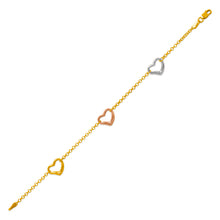 Load image into Gallery viewer, 14K Tricolor Gold Heart Charm Anklet Bracelet High Polished 7" 10" Chain Women