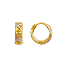 Load image into Gallery viewer, 14K Real Gold Tri-Color Diamond Cut Small Round Hinged Hoop 5mm Huggie Earrings