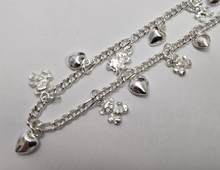 Load image into Gallery viewer, 925 Sterling Silver Figaro Link Anklet with Dangling Hearts and Teddy Bear 14mm