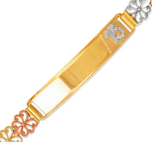 Load image into Gallery viewer, 14K Tri Color Gold Faceted D/C 15 Anos ID Bracelet 7mm Wide 8mm Center 7" Chain