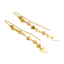 Load image into Gallery viewer, 14K Gold Dangle Threader Earrings Sparkling Accents Geometric Chain 8x74mm