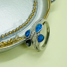 Load image into Gallery viewer, Sterling Silver Blue Synthetic Opal Teardrops Bypass Ring for White & Amethyst