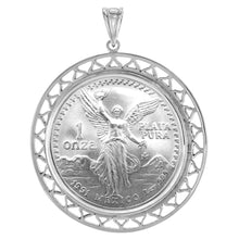 Load image into Gallery viewer, 925 Sterling Silver 1 Onza Plata Coin Bezel Filigree Edge 36mm Prong Back