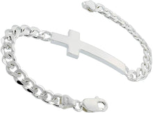 Load image into Gallery viewer, Sterling Silver Large Sideways Cross Bracelet Curb Link Chain Italy, 7" and 8"