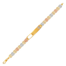 Load image into Gallery viewer, 14K Tri Color Gold Faceted D/C 15 Anos ID Bracelet 7mm Wide 8mm Center 7" Chain