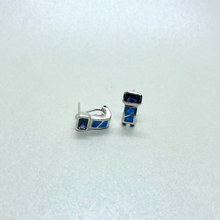 Load image into Gallery viewer, Sterling Silver Synthetic Blue Opal Earrings Emerald Cut Amethyst CZ