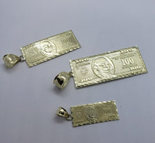Load image into Gallery viewer, 10k Yellow Gold Diamond Cut $100 Hundred Bill Dollars Pendant Charm 3 Sizes
