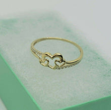 Load image into Gallery viewer, Authentic 10K Yellow Gold Three Hearts Promise Ring with CZ Women Size 5 to 9