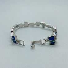 Load image into Gallery viewer, Sterling Silver Synthetic Opal Bracelet Round & Trapezoid links Hand Inlay
