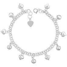 Load image into Gallery viewer, Sterling Silver Dangling Hearts and Jingle Bells Charm Bracelet for Women 8.5"