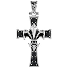 Load image into Gallery viewer, 925 Sterling Silver Fleur De Lis Cross Pendant with CZ 1 1/2 (38mm) Inch Tall