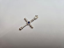 Load image into Gallery viewer, 925 Sterling Silver Sapphire CZ Round Edge Cross Pendant 1 1/2 Inch (38mm) Tall