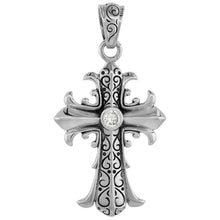 Load image into Gallery viewer, 925 Sterling Silver Fleur De Lis Cross Pendant with CZ 1 5/8 (41mm) Inch Tall