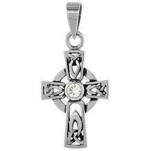 Load image into Gallery viewer, 925 Sterling Silver CZ Celtic Cross w/ Trinity Motif Pendant 1 1/8 (28mm) Inch