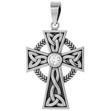 Load image into Gallery viewer, 925 Sterling Silver CZ Celtic Cross w/ Trinity Motifs Pendant 1 1/4 (31mm) Inch