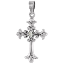 Load image into Gallery viewer, 925 Sterling Silver Fleur De Lis Cross Pendant with CZ 1 3/16 (30mm) Inch Tall