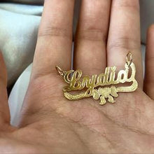 Load image into Gallery viewer, 10k Solid Yellow Gold Personalized Custom Handmade Cursive Name Pendant Charm with Heart & Bow Underline
