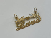 Load image into Gallery viewer, 10k Solid Yellow Gold Personalized Custom Handmade Cursive Name Pendant Charm with Beautiful Doves and Solid Heart
