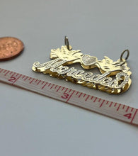Load image into Gallery viewer, 14k Solid Yellow Gold 3D Double Plated Personalized Custom Handmade Cursive Dotted Name Pendant Charm with Heart and Doves