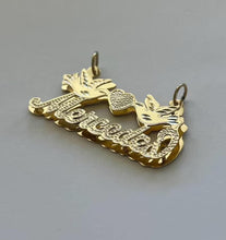 Load image into Gallery viewer, 10k Solid Yellow Gold 3D Double Plated Personalized Custom Handmade Cursive Dotted Name Pendant Charm with Heart and Doves