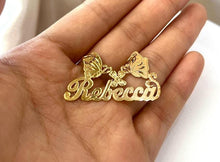 Load image into Gallery viewer, 10k Solid Yellow Gold Personalized Custom Handmade Cursive Name Pendant Charm with Beautiful Flower and Butterflies, Gift for Her