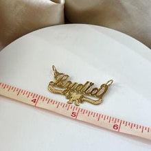 Load image into Gallery viewer, 10k Solid Yellow Gold Personalized Custom Handmade Cursive Name Pendant Charm with Heart & Bow Underline