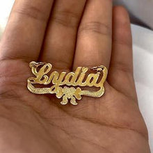 Load image into Gallery viewer, 10k Solid Yellow Gold Personalized Custom Handmade Cursive Name Pendant Charm with Heart & Bow Underline