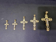 Load image into Gallery viewer, 10K Yellow & White Two-Tone Gold Filigree Crucifix Cross Jesus Pendant Charm (Pendant Only)