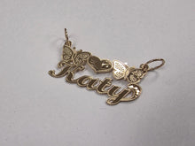 Load image into Gallery viewer, 14k Solid Yellow Gold Personalized Custom Handmade Cursive Name Pendant Charm with Beautiful Butterflies and Heart, Gift for Her