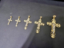Load image into Gallery viewer, 10K Yellow & White Two-Tone Gold Filigree Crucifix Cross Jesus Pendant Charm (Pendant Only)
