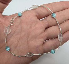 Load image into Gallery viewer, 925 Sterling Silver Anklet with Aquamarine Blue Catseye and Glass Seed Beads
