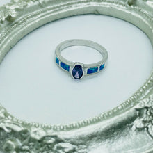 Load image into Gallery viewer, Small Sterling Silver Blue Synthetic Opal Band Ring for Women Oval Shape
