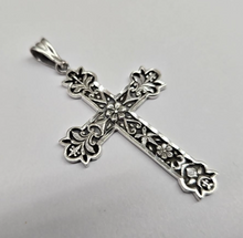 Load image into Gallery viewer, 925 Sterling Silver Diamond-Cut Floral Cross Pendant 2 Inch (50mm) Tall
