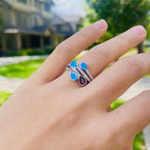 Load image into Gallery viewer, Sterling Silver Blue Synthetic Opal Teardrops Bypass Ring for White &amp; Amethyst
