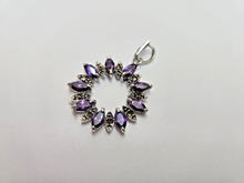 Load image into Gallery viewer, 925 Sterling Silver Marcasite Amethyst CZ Wreath Pendant 1 3/8 (35mm) Inch Tall
