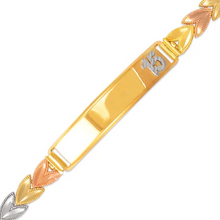 Load image into Gallery viewer, 14K Tri Color Gold Faceted D/C 15 Anos ID Bracelet 7mm Wide 9mm Center 7" Chain
