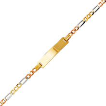Load image into Gallery viewer, 14K Tricolor Gold 6mm Kids Square ID 3mm Figaro Chain Bracelet 6" Engraving
