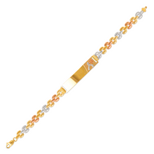 Load image into Gallery viewer, 14K Tri Color Gold Faceted Diamond Cut ID Bracelet 6mm Wide 8mm Center 7" Chain
