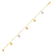 Load image into Gallery viewer, 14K Tricolor Gold Flower Charm Anklet Bracelet High Polished 10" Chain for Women

