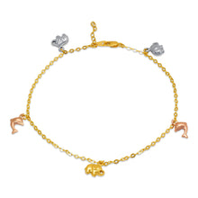 Load image into Gallery viewer, 14K Tricolor Gold Animal Charm Bracelet Anklet 2mm Link 11mm Charm 10" Chain
