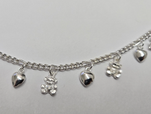 Load image into Gallery viewer, 925 Sterling Silver Figaro Link Anklet with Dangling Hearts and Teddy Bear 14mm
