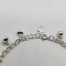Load image into Gallery viewer, Sterling Silver Dangling Hearts and Jingle Bells Charm Bracelet for Women 8.5"
