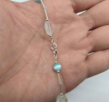 Load image into Gallery viewer, 925 Sterling Silver Anklet with Aquamarine Blue Catseye and Glass Seed Beads
