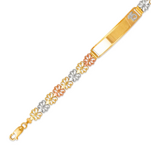 Load image into Gallery viewer, 14K Tri Color Gold Faceted D/C 15 Anos ID Bracelet 7mm Wide 8mm Center 7" Chain
