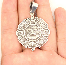 Load image into Gallery viewer, 925 Sterling Silver Flat Detailed Aztec Calendar Mayan Sun Face Pendant 35.8mm
