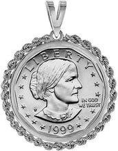 Load image into Gallery viewer, Sterling Silver Rope Edge Susan B. Anthony Bezel Sacagawea 26mm Coins Prong Back
