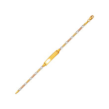Load image into Gallery viewer, 14K Tricolor Gold 5mm ID Bracelet 2.5mm Figaro Chain 6" Engraving Available
